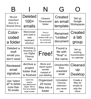 Digital Clean Up Bingo Card