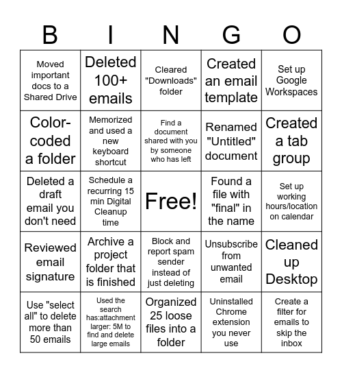 Digital Clean Up Bingo Card