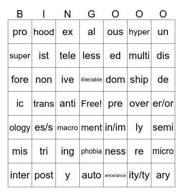 Word Parts Bingo Card