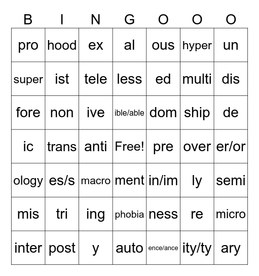 Word Parts Bingo Card