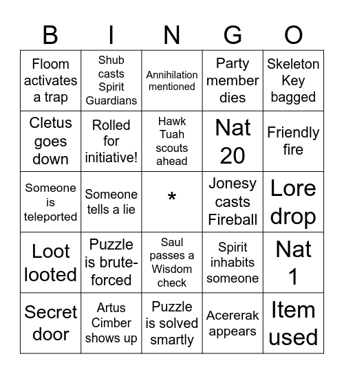 Tomb Bingo Card