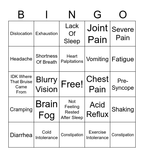 Chronic Illness Bingo Card