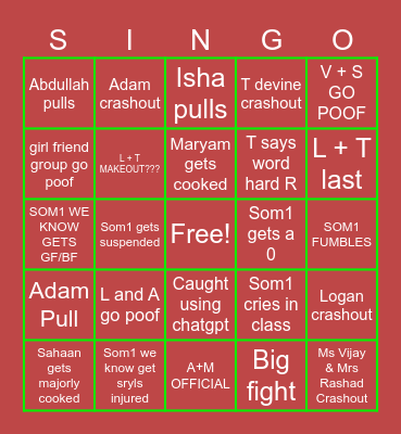School Ringo Pingo Bingo Card