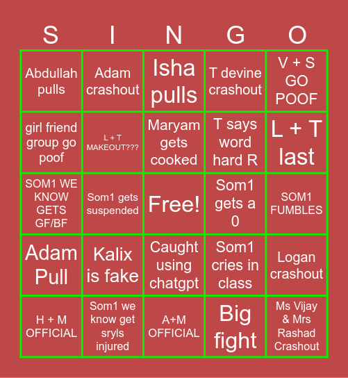 School Ringo Pingo Bingo Card