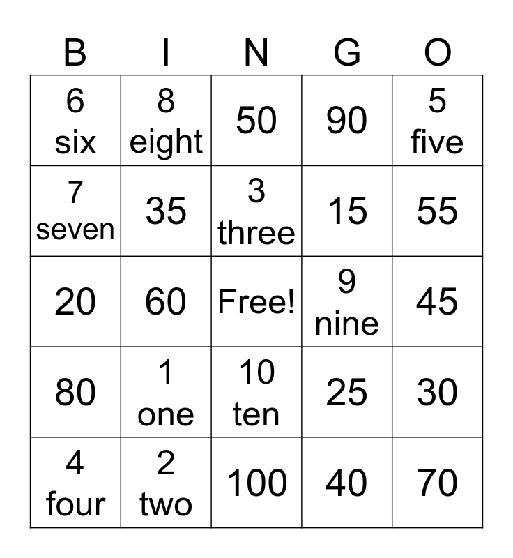 kK2B Number Bingo Card