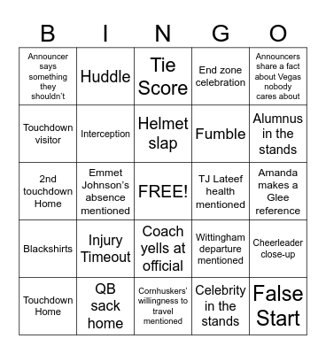 Huskers vs Utes Bingo Card
