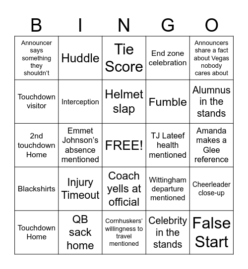 Huskers vs Utes Bingo Card