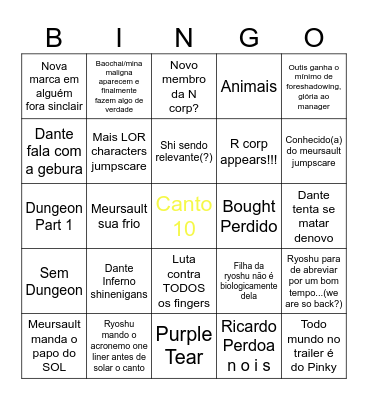 Canto 92 Bingo Card