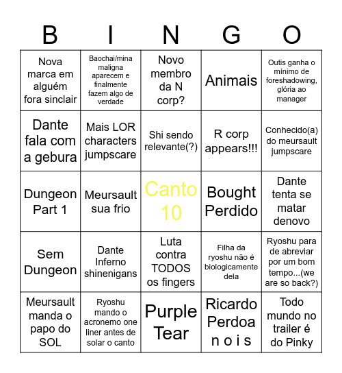Canto 92 Bingo Card