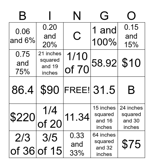 Unit 9 Math Review Bingo Card