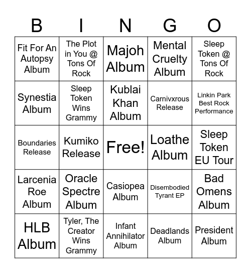 2026 Music Predictions Bingo Card