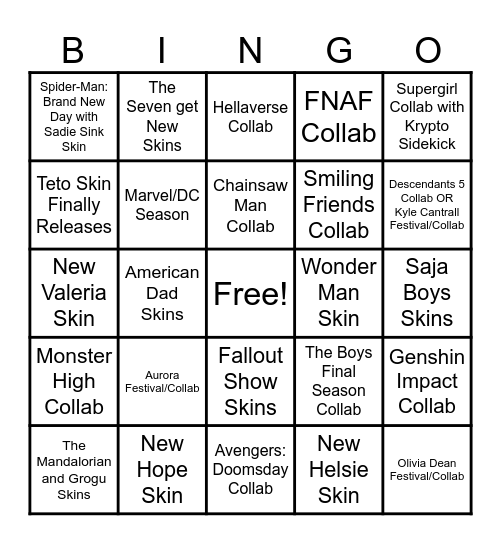 Fortnite Skins 2026 Predictions Bingo Card