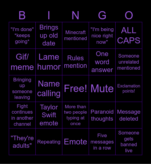 Discord Drama Bingo Card