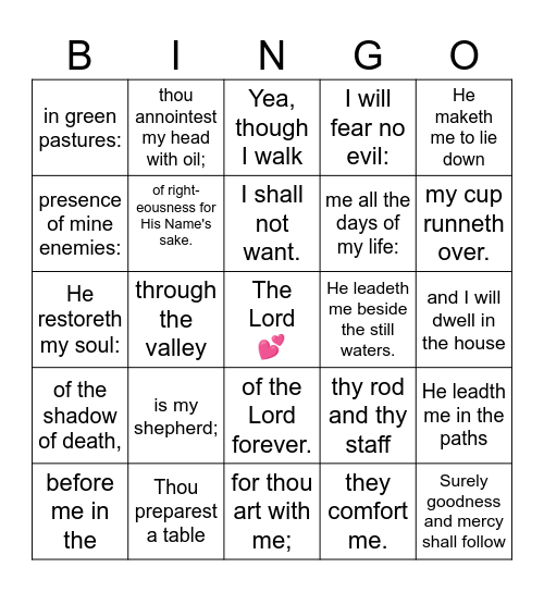 Psalm 23 KJV Bingo Card