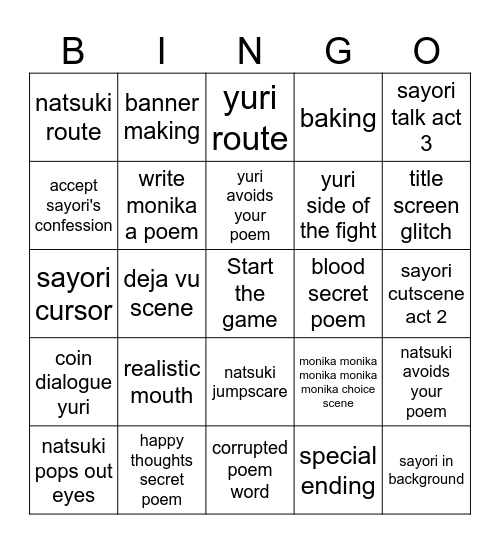 DDLC Bingo Card