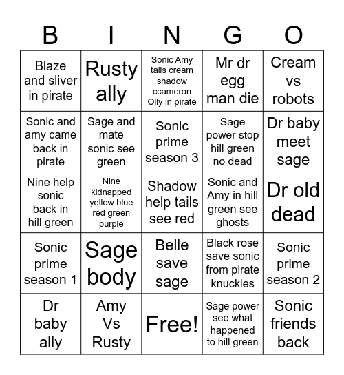 Sonic prime Bingo Card