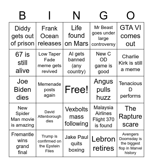 2026 Bingo Card Bingo Card