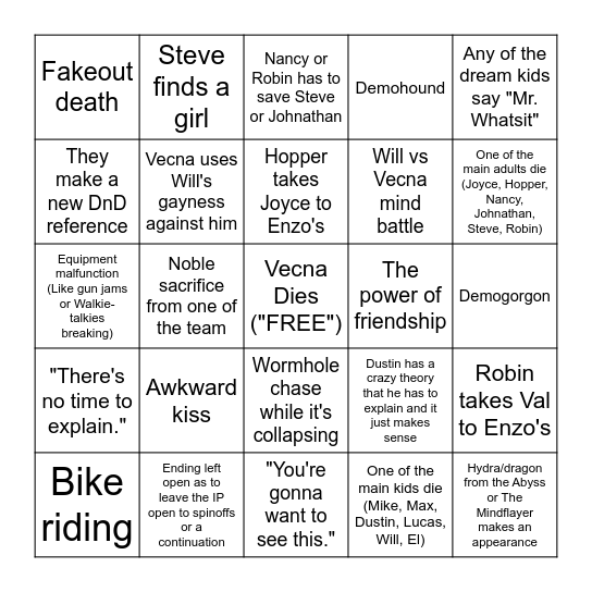Stranger Things Finale Bingo Card
