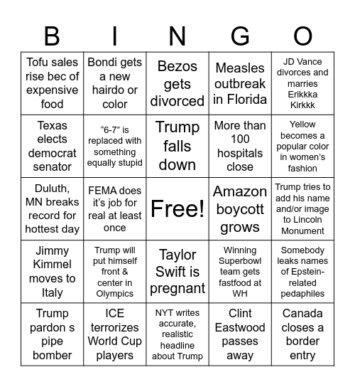 2026 (?) Bingo Card