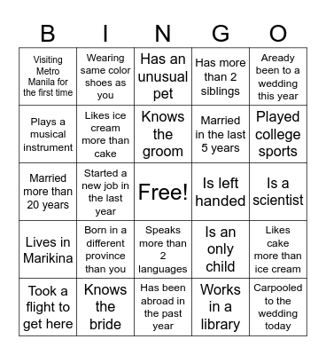 Wedding Guest Bingo Card