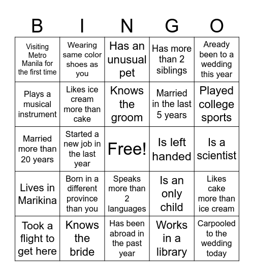 Wedding Guest Bingo Card