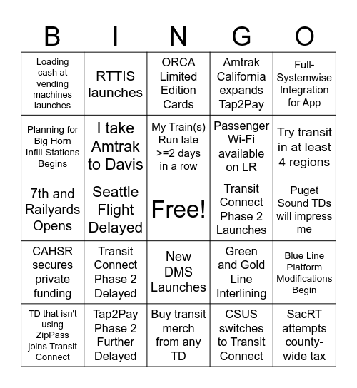 2026 Transportation Predictions Bingo Card