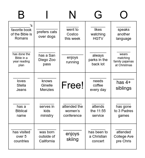 College Ave Women's Bingo Card
