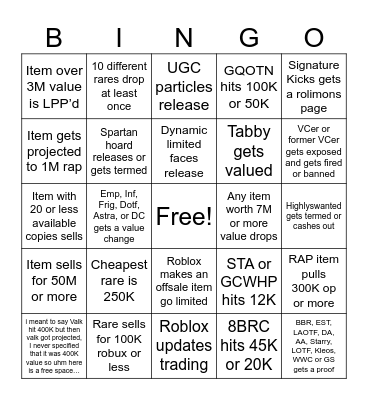 Roblox Trading Bingo 2026 Bingo Card