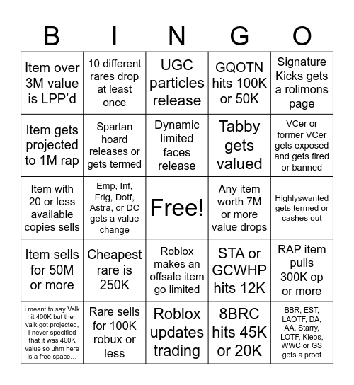 Roblox Trading Bingo 2026 Bingo Card