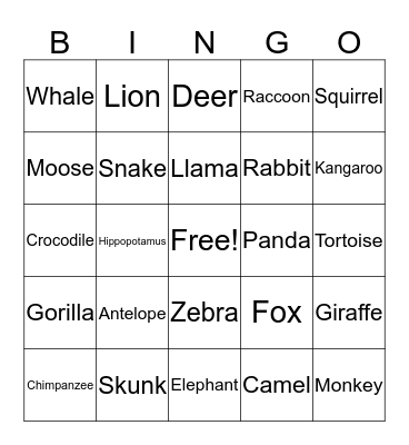 Animals Bingo Card