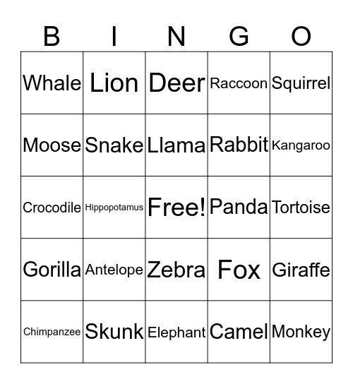 Animals Bingo Card