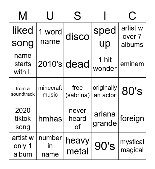 music bingo Card