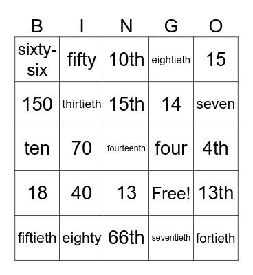 CARDINAL AND ORDINAL NUMBERS Bingo Card