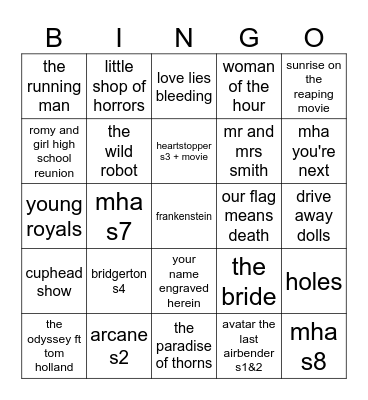 2026 movie/tv show Bingo Card