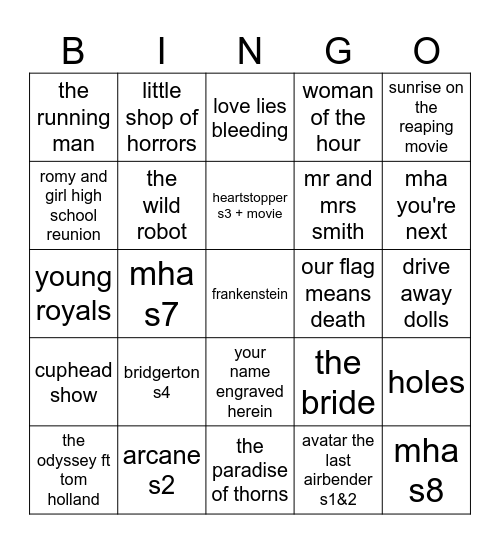 2026 movie/tv show Bingo Card