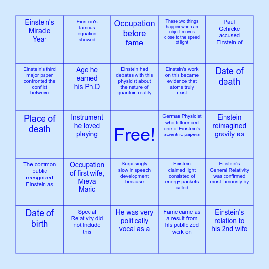 Albert Einstein Bingo Card