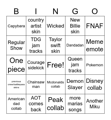 Fortnite bingo Card