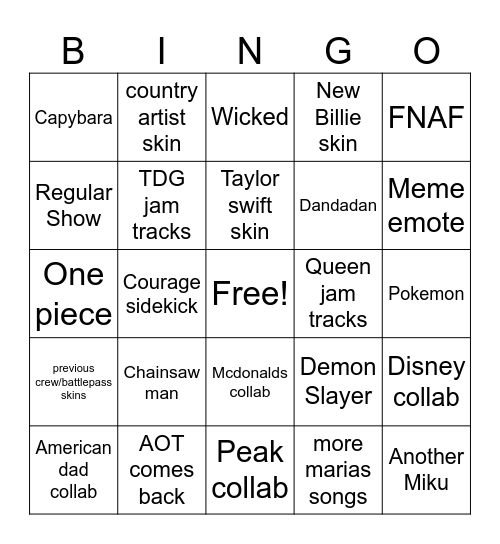 Fortnite bingo Card
