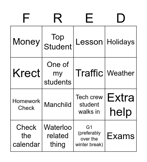 THE FRED Bingo Card