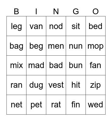 2 grader phonics Bingo Card