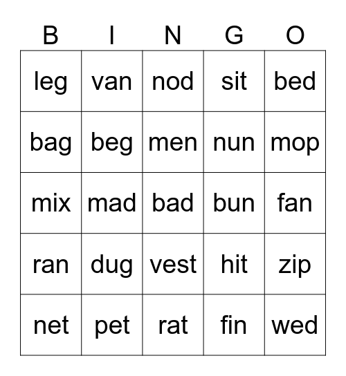 2 grader phonics Bingo Card