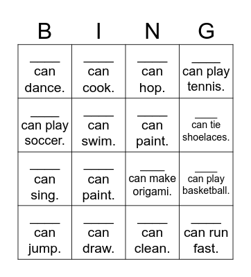 CAN YOU ...? (Yes, I can. No, I can' t.) Bingo Card
