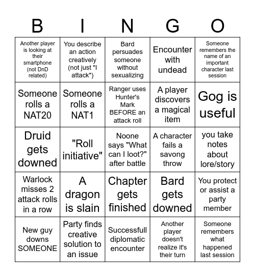 Dungeons and Dragons Bingo Card