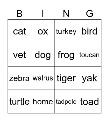 Animals Bingo Card