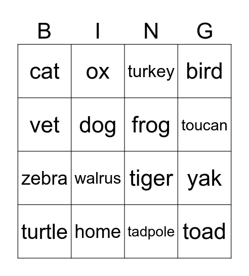 Animals Bingo Card