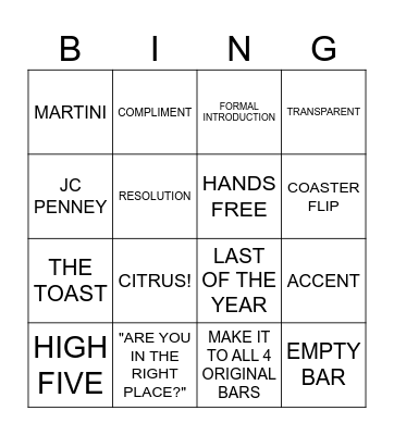 NYE BAR CRAWL BINGO Card