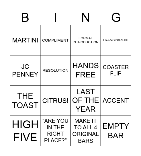 NYE BAR CRAWL BINGO Card