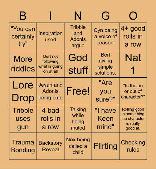 Skies of Tellurian Bingo Card