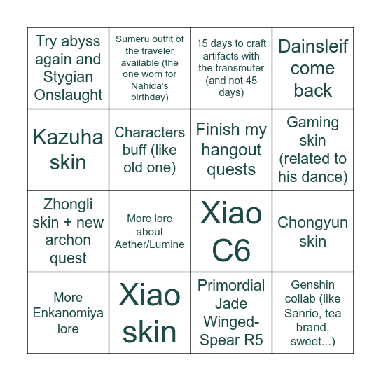 Xiao's 2026 Bingo Card