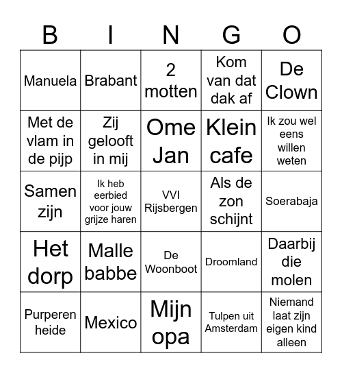 Muziek Bingo VVI Rijsbergen Bingo Card
